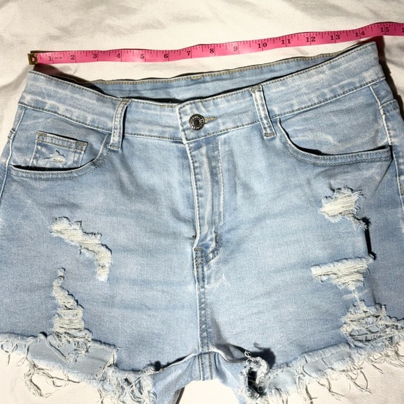 Shein Women’s Light Wash Distressed Jean Shorts Size L – Frayed Hem, High Rise - Picture 3 of 10